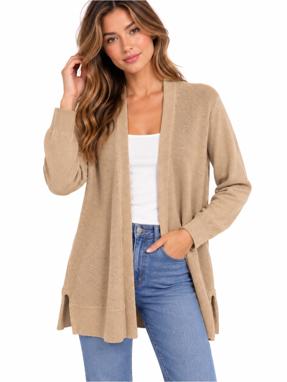 GAP Beige Longline Open Front Knit Cardigan Sweater Cozy Layering 100% Cotton